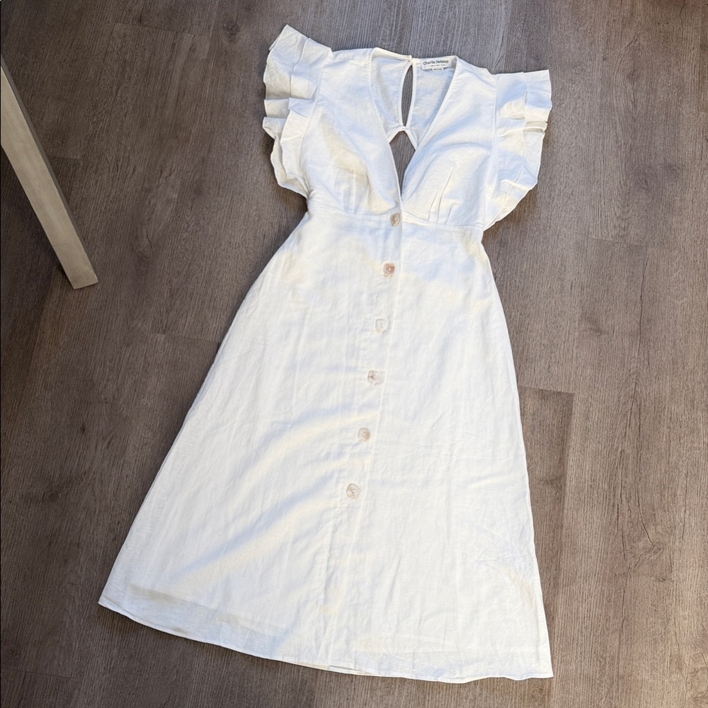 Charlie Holiday White Midi Dress with Ruffled Sleeves